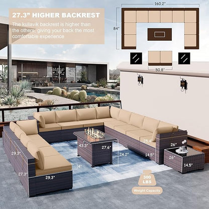 Kullavik 15 Pieces Outdoor Patio Furniture Set with 43" 55000BTU Gas Propane Fire Pit Table PE Wicker Rattan Sectional Sofa Patio Conversation Sets,Sand