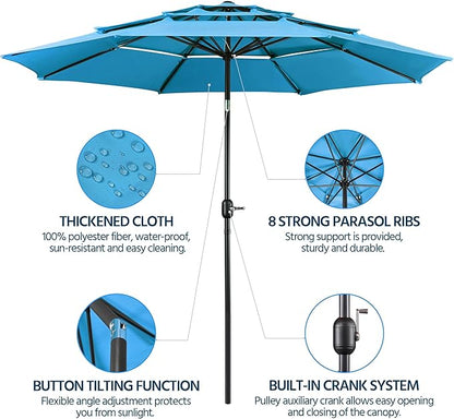 Yaheetech 3-Tier Patio Parasol 10ft Vented Outdoor Canopy Sun Shade Large Market Table Umbrella Double-layer Cloth & Push-button Tilting for Yard/Garden/Park Sky Blue