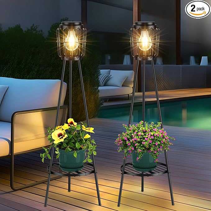 2 Pack Solar Lights with Plant Stand, Outdoor Floor Lamp, Waterproof Solar LED Edison Bulb Floor Lamps for Patio Porch Deck Yard Garden Decor
