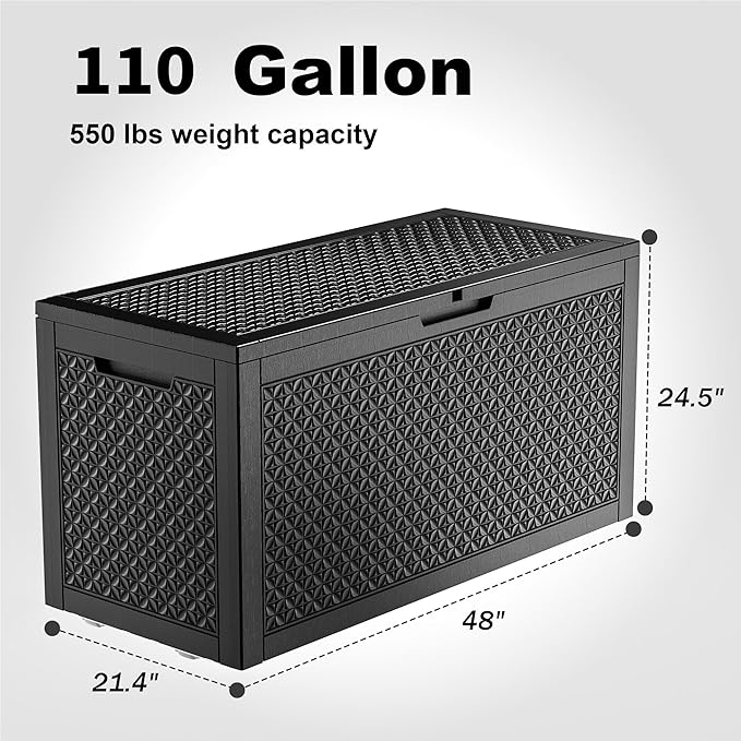 Deck Box, 110 Gallon Resin Lockable Outdoor Storage, Black