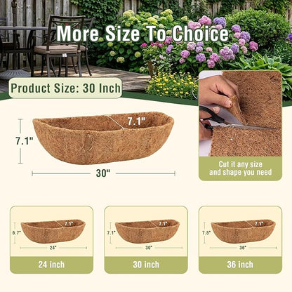 2 Pcs 30 Inch Trough Coco Liner for Window Box, 100% Natural Half Moon Coconut Coir Planter, Replaceable Coconut Fiber Liner for Window Boxes & Fence Flower Baskets (2, 30 inch)
