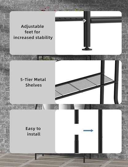 Plant Stand Indoor Outdoor, 5-Tier Metal Tall Plant Stands for Multiple Flower Planter Holder, Large Waterproof Plant Shelf for Living Room Garden Balcony, Black