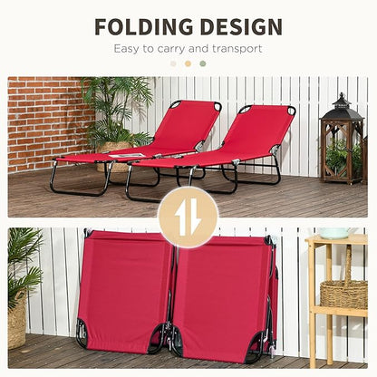 Outsunny 2 Piece Folding Chaise Lounge Pool Chairs, Outdoor Sun Tanning Chairs with 5-Level Reclining Back, Steel Frame for Beach, Yard, Patio, Red