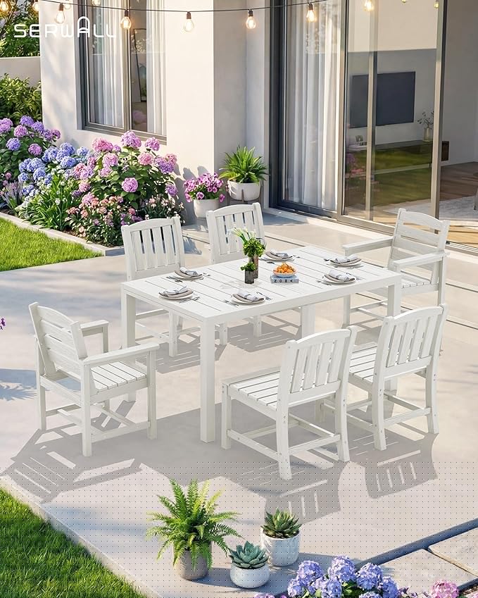 SERWALL 9-Piece Outdoor Dining Set, 60" - 83" Expandable Outdoor Dining Table and 8 HDPE Chairs, All Weather HDPE Outdoor Furniture Set for Backyard, Garden, White