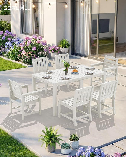 SERWALL 7-Piece Outdoor Dining Set, 60" - 83" Expandable Outdoor Dining Table and 6 HDPE Chairs, All Weather HDPE Outdoor Furniture Set for Backyard, Garden, White