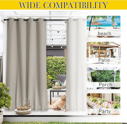 NICETOWN 2 Panels Outdoor Curtains for Patio Extra Wide 84", Waterproof & Windproof Grommet & Back Tab Fixed Top and Bottom Sun Blocking Privacy Drapes with Rope for Gazebo, Natural, W84 x L95