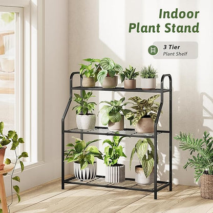 Plant Stand Outdoor 3 Tier Plant Stand Metal Plant Stands Waterproof Plant Holder Rack for Indoor Use Robust Flower Stand Plant Shelf for Living Room Balcony Garden Black