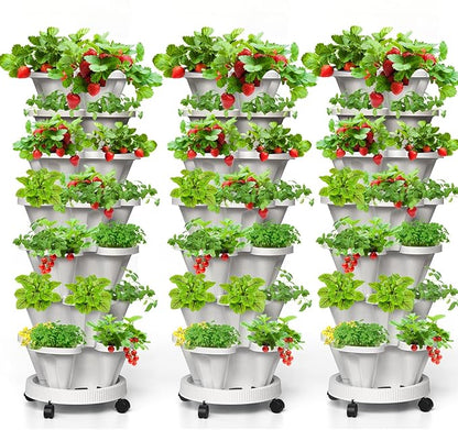 7 Tiered Strawberry Vertical Planter Tower Garden 3 Pack, Stackable Planter Herb Garden Planter with Movable Casters and Bottom Saucer Indoor and Outdoor - White