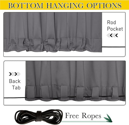 NICETOWN 2 Panels Grey Outdoor Curtains Waterproof Extra Long for Patio, Windproof Top & Bottom Pocket & Back Tab Weighted Blackout Outdoor Drapes Keep Privacy with Rope for Fixed, W52 x L108