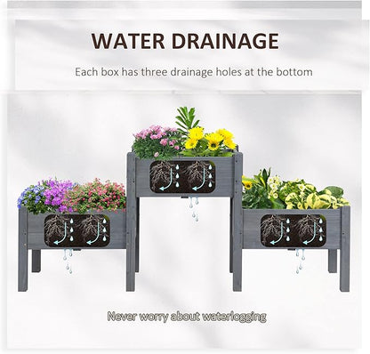 Outsunny Raised Garden Bed with 3 Planter Box, Elevated Wooden Plant Stand with Drainage Holes, for Vegetables, Herb and Flowers, Gray