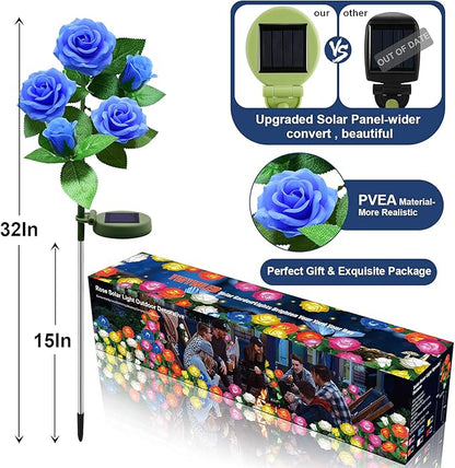 Solar Flower Lights Outdoor - Upgraded New Material Two Modes Realistic LED Solar Powered Waterproof Lights with 5 Roses, Solar Decorative Stake Lights for Garden (Blue, 1 Pack)