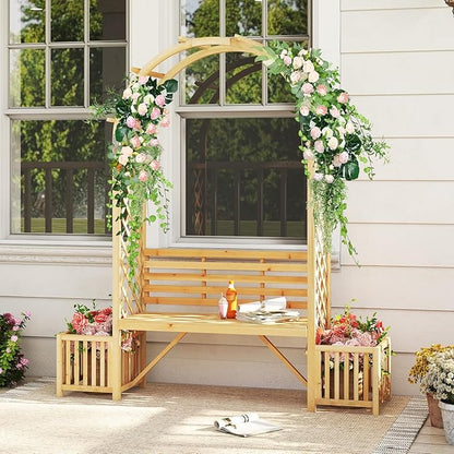 Giantex Outdoor Bench with Garden Arch & Planters, Wooden Pergola Archway, Outdoor Trellis for Climbing Plants, Patio Decorative Arbor Arch for Backyard Lawn (Arched,Natural,73"x22"x80")