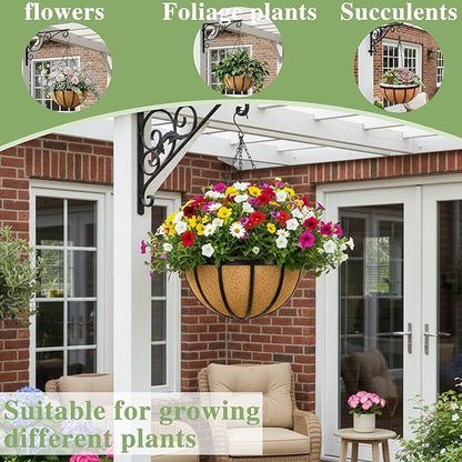Black Flat Iron Metal Hanging Planter Basket with Coco Coir Liner(4 Pack, 16 Inch) Hanging Planters for Outdoor Plants Round Plant Flower Pots Hanging Flower Basket for Outdoor Patio Garden Decoration