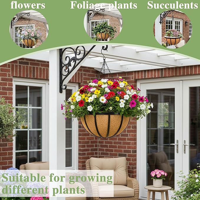 Black Flat Iron Metal Hanging Planter Basket with Coco Coir Liner(4 Pack, 12 Inch) Hanging Planters for Outdoor Plants Round Plant Flower Pots Hanging Flower Basket for Outdoor Patio Garden Decoration