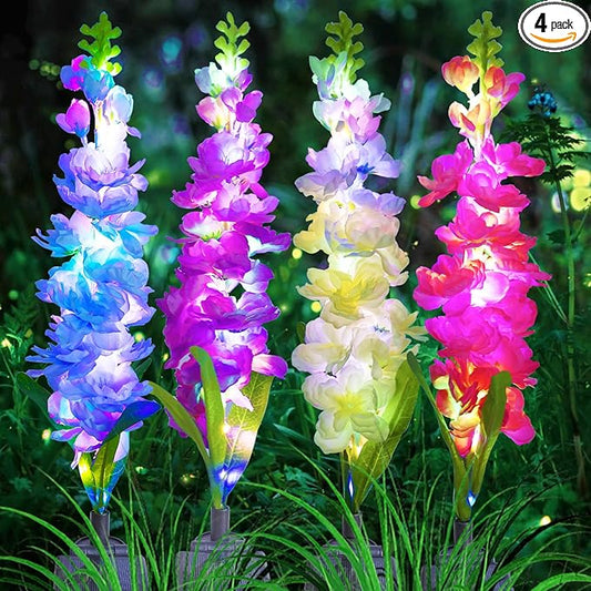 Solar Garden Lights, Solar Delphinium Flowers Lights 4 Pack 80 LEDs, Waterproof Outdoor Light Two Lighting Modes for Outside Wedding Party Garden Yard Patio Lawn Decor