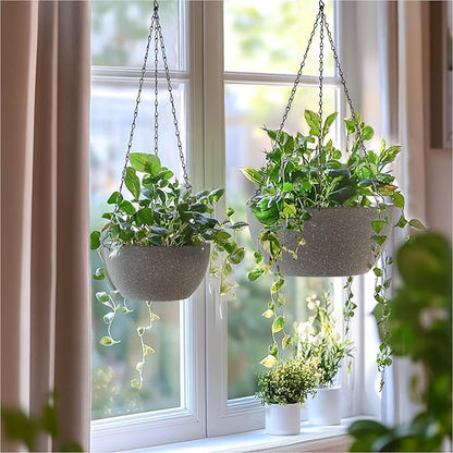 T4U Hanging Planters for Indoor Outdoor Plants 2 Pack - 12 Inch Grey Hanging Plant Basket with Drainage Hole, Round Hanging Flower Plant Pot for Garden Home Decor(Grey)