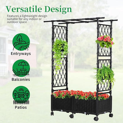 Planter Box with Trellis Outdoor, 53.1in Plastic Raised Garden Bed with Trellis Hanging Roof for Vine Flower, with Lockable Wheels & Drain Plug for Patio Backyard Balcony, Black, 1 Pc
