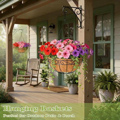 4 Pack 14 Inch Hanging Baskets for Plants Outdoor Metal Hanging Planter Hanging Flower Baskets with Coco Fiber Liners Chain Round Wire Plant Holder Hangings Flower Pots(Plaid)