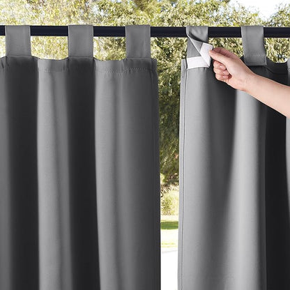 NICETOWN 2 Pieces Extra Wide 84" Outdoor Curtainss for Patio Waterproof, Detachable Hook & Loop Self-Sticky Tab Top Blackout Outdoor Blinds Drapes Heavy Weight for Cabana/Terrace, 84" Long, Grey