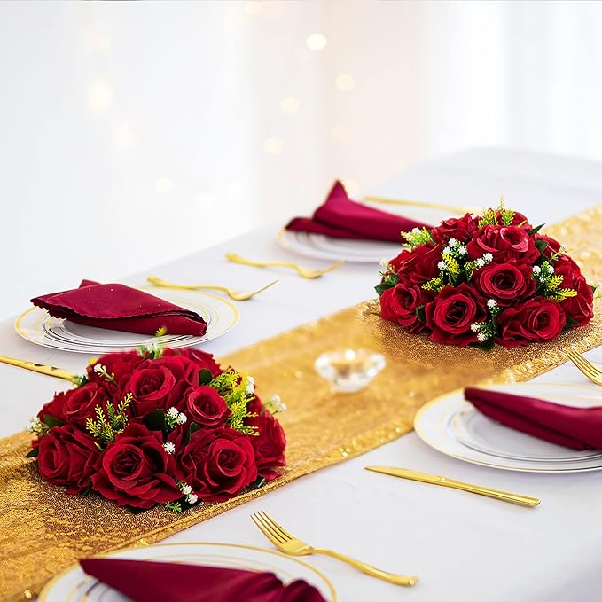 Artificial Flower Ball Centerpieces, Crimson Faux Silk Roses, 9.5 Inch
