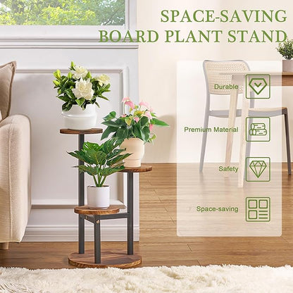 VECELO 3 Tier Plant Stand Indoor Outdoor, Tall Metal Wood Flower Shelf for Multiple Plants, Small Tiered Round Corner Display Rack, Planter Pot Holder for Patio Garden Balcony Living Room Bedroom