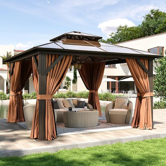 Aoxun 12'x12' Hardtop Gazebo, Aluminum Frame Permanent Pavilion with Curtains and Netting, Outdoor Polycarbonate Double Roof Canopy, Designed for Garden, Lawns, Patio, Brown