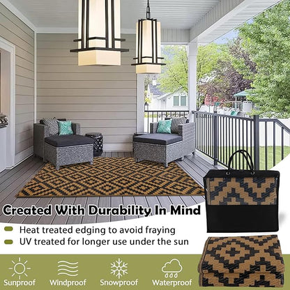 SAND MINE Reversible Mats, Plastic Straw Rug, Modern Area Rug, Large Floor Mat and Rug for Outdoors, RV, Patio, Backyard, Deck, Picnic, Beach, Trailer, Camping, Black & Brown, 3' x 5'