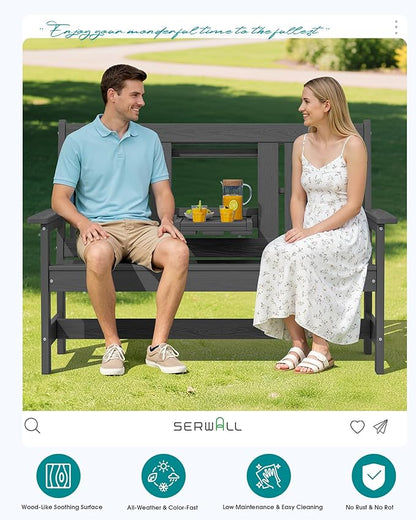 SERWALL Outdoor Bench with Cup Holder, 58" HDPE Garden Park Bench Suitable for 3 Person, All Weather Patio Benches with High Backrest and Wide Armrests for Garden, Park, Yard, Front Porch, Grey