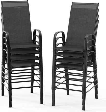 VINGLI Outdoor Bar Chairs Set of 8 – Stackable Outdoor Bar Stools with Sturdy Sling High Back and Armrests for Lawn, Courtyard, Garden, Bar, Black