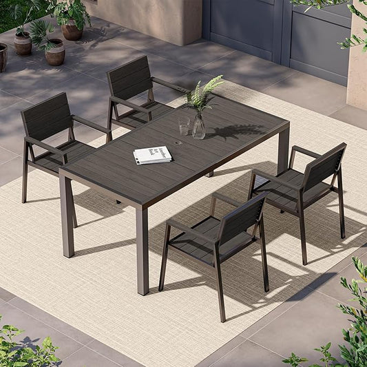 5-Piece Outdoor Dining Set, Aluminum Dining Table Set for 4, Patio Table and Chairs Set with Umbrella Hole, All Weather HDPS Outdoor Table and Chairs for 4 (Charcoal)