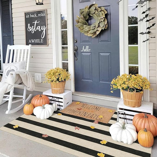 Outdoor Rug 3x5 ft Black and White Striped Polyester Non-Slip Mat