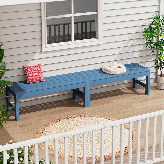 SERWALL 47 Inches Outdoor Bench Set of 2, All Weather HDPE Backless Bench with Wood Grain Texture for Garden Porch and Park, Curved Bench Seat for Comfort, Blue