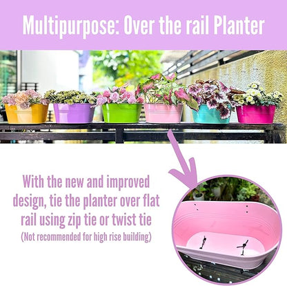 LaLaGreen Rail Planter Outdoor Plants (6 Pack, 11.8 Inch) Colorful Metal Iron Strawberry Hanging Flower Pots Deck Railing Fence Buckets Modern Wall Mount Window Box Plant Holder Hooks Porch Home Decor