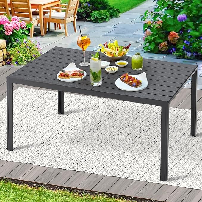 AECOJOY 60" Outdoor Dining Table, Aluminum Patio Table with Wood-Plastic Composite Tabletop,6 Seater Dining Table for Backyard Garden