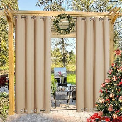 NICETOWN Outdoor Curtain for Patio Waterproof, Sunlight Block Rustproof Grommet Top and Bottom Windbreak, Thick Enough to Keep Sun/Rain Out for Deck, Biscotti Beige, W52 x L120, 1 Piece