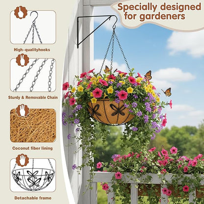 14 inch Metal Hanging Baskets For Plants Outdoor 4 Pack Round Metal Wire Hanging Basket Planter with Coco Fiber Liners Chain Round Wire Plant Holder for Garden, Patio, Deck, Porch Plants Flower Potss