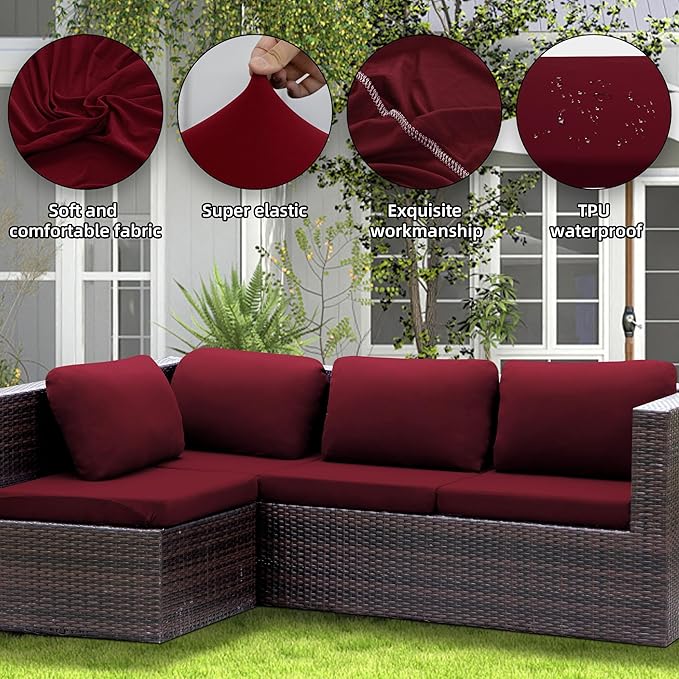 Cushion Covers, 8-Piece Stretch Patio Slipcover Set in Wine Red