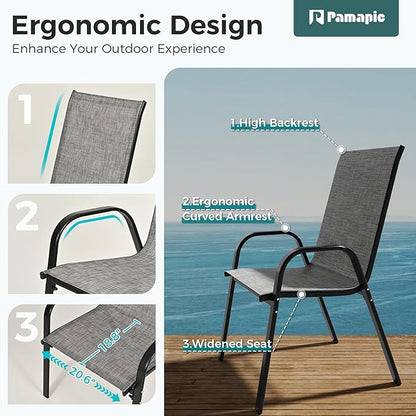 Pamapic Outdoor Dining Sets for 4, Square Steel Slat Table with 4 Textilene Chairs, 5 Piece Patio Table and Chairs Set with Adjustable Umbrella Hole for Patio,Garden, Backyard, and Poolside (Grey)