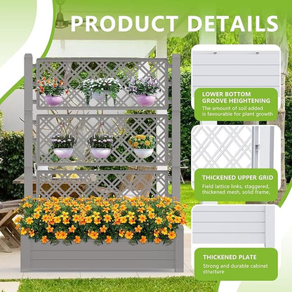 Raised Garden Bed with Trellis for Climbing Plants, 43.43" L x 18.27" W x 59.29" H Self Watering Planter Box with Drainage Holes for Outdoor Backyard Patio Balcony, Anti-Rust Resin (Grey)
