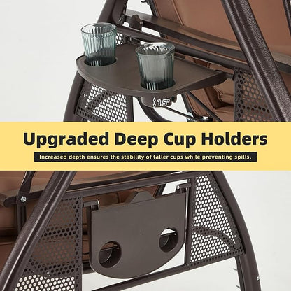 HOMREST 3 Seat Outdoor Porch Swing with 1.5" Deepened Cup Holder, Adjustable Canopy, Patio Swing Bed with Stand, Patio Glider Swing with Thicken Cushions, Pillow for Yard, Garden(Brown)