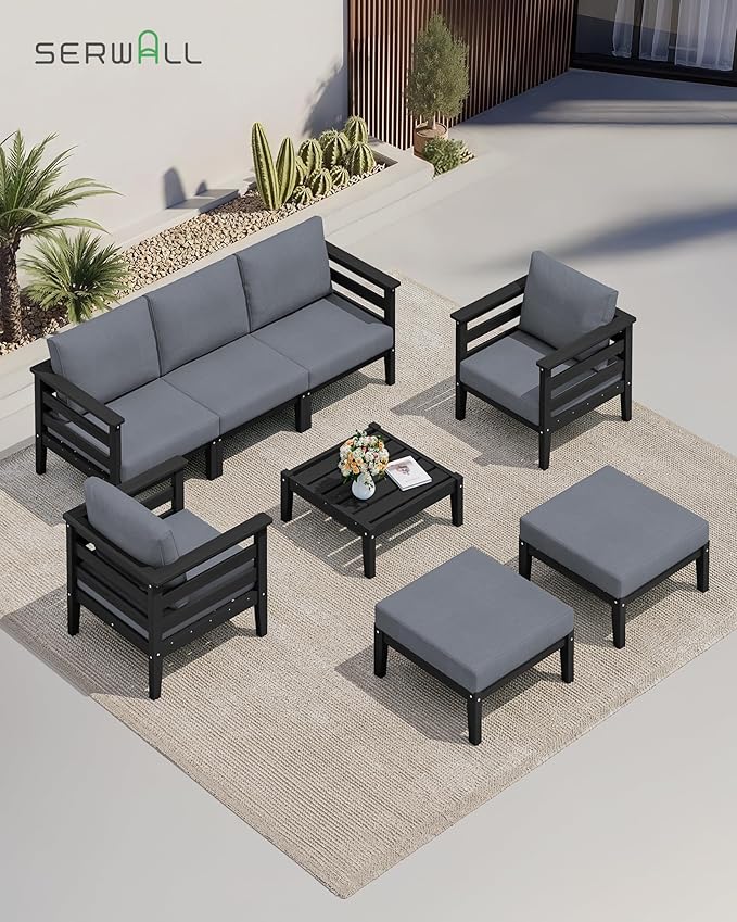 SERWALL HDPE Patio Furniture Set, 6 Pieces Outdoor Sectional Sofa Set, All-Weather Wood-Like Outdoor Sofa Couch with Coffee Table for Deck, Lawn, Black Frame with Grey Cushion