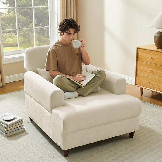 Chaise Lounge Chair Indoor with Adjustable Backrest, Oversized Accent Armchair for Living Room & Bedroom, Upholstered Mid-Century Reading Chair, Comfy Single Sofa Chair, Modern Living Room Chair