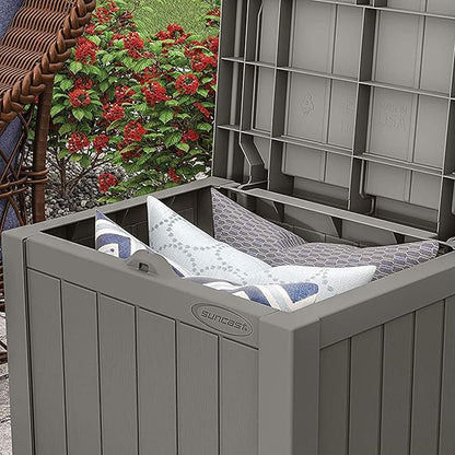 Suncast Outdoor Storage Box - 22 Gallon Stone Gray Resin Outdoor Deck Box with Seat, Weatherproof Patio Storage Bin Container for Keeping Cushions, Tools, & Towels for Pool, Yard, & Garden