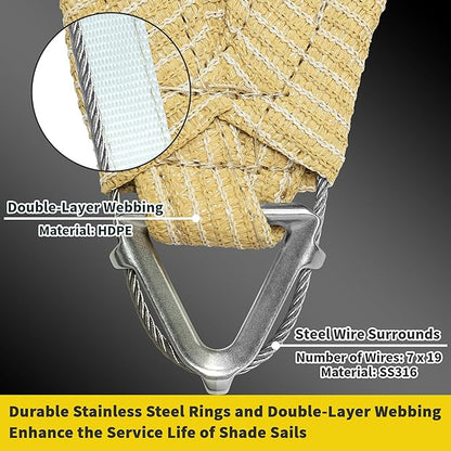 ShadeMart Heavy Duty 12' x 16' Beige Sun Shade Rectangle Pro Ring Shade Sail, 260 GSM Commercial Grade UPF50 Sunshade, Reinforced Corners & Edges - 5 Years Warranty (We Make Custom Size)