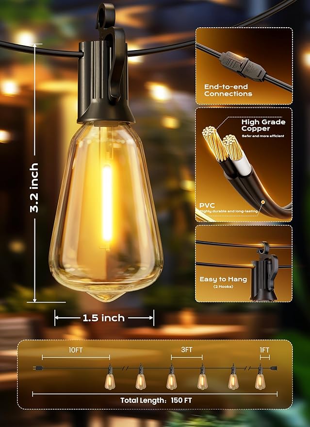 String Lights, 150-Foot Outdoor LED Patio Lights with 47 Warm White ST38 Bulbs