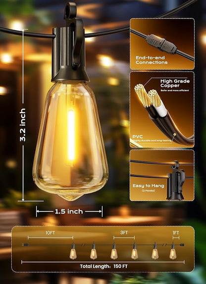String Lights, 150-Foot Outdoor LED Patio Lights with 47 Warm White ST38 Bulbs