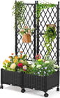 Planter Box with Trellis, 4ft Tall Self-Watering Plastic Raised Garden Beds and Lattice Trellis with Lockable Wheels & Drain Plug for Outdoor Patio Backyard Balcony, Black, 2 Pcs