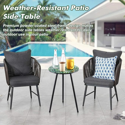 Metal Outdoor Side Tables Set of Two Small Outside Round End Table for Patio Modern Accent Garden Corner Table for Small Spaces, Balcony, Porch, Weather-Resistant, Plant Stand Indoor, Green Leaves