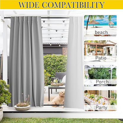 NICETOWN 2 Panels Outdoor Curtains Waterproof Pocket & Back Tab on Top & Bottom, Thermal Insulated Windproof Sun Blocking Outside Privacy Drapes for Patio with Fixed Rope, W52 x L95, Silver Gray