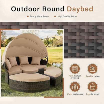 Crownland Outdoor Daybed with Retractable Canopy, Patio Round Daybed with Washable Cushions, Clamshell Sectional Seating, Wicker Furniture for Backyard, Patio, Garden, Pool (Light Brown)